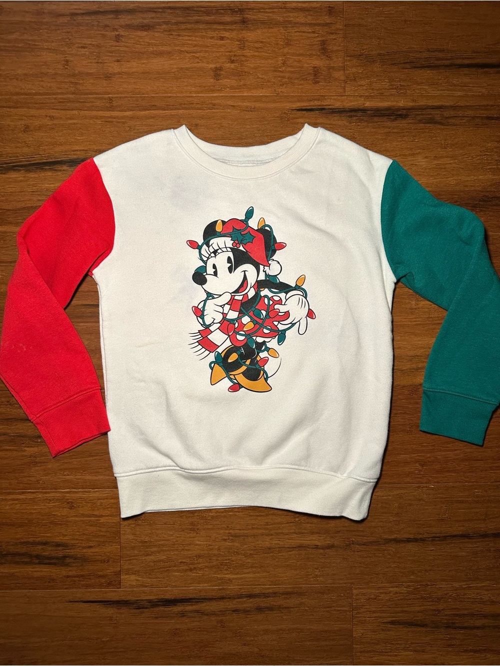 Disney Kids Minnie Mouse Christmas Sweatshirt - White with Red & Green Sleeves